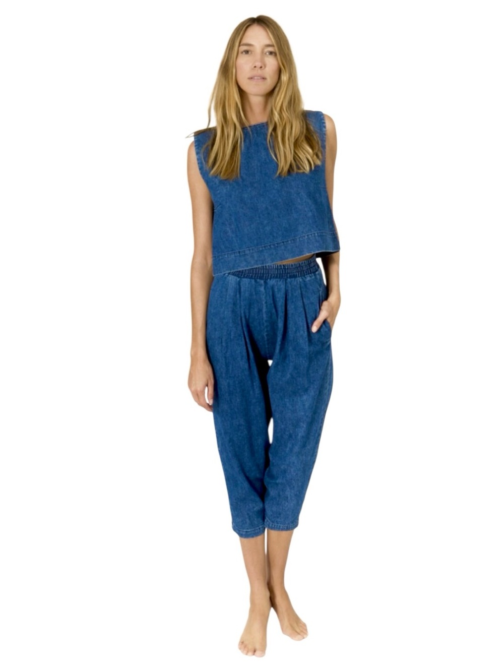 Ilana Kohn Denim Matching Set Roxey Tank Nico Pants M Medium Blue Cropped 2pc